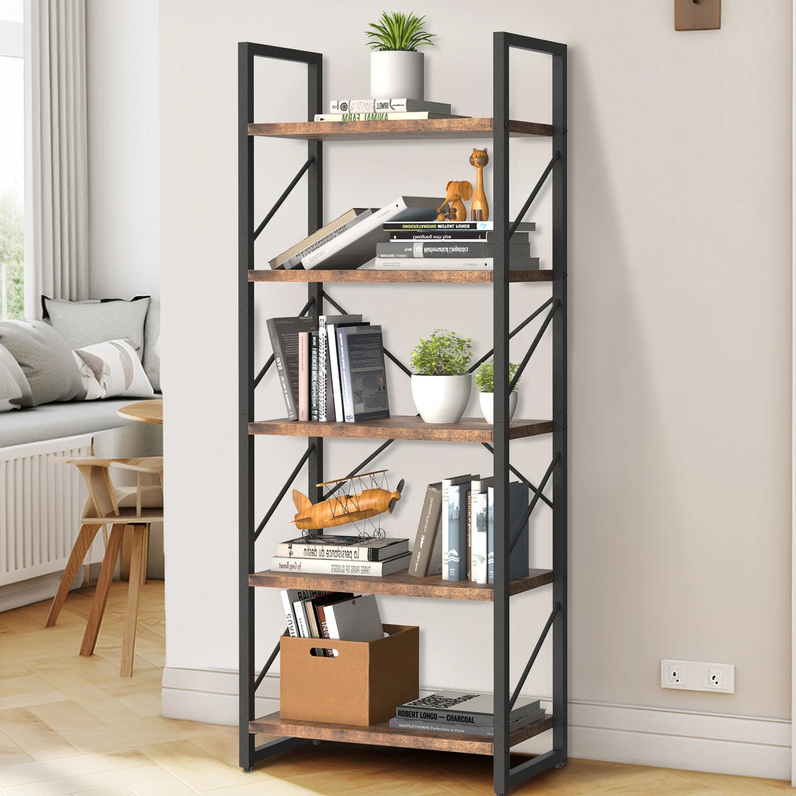 5 Tier Bookshelf Vintage Industrial Bookcase Displ